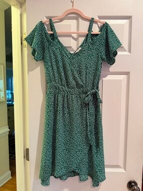 Sienna Sky Green Dotted Cold-Shoulder Mini Dress